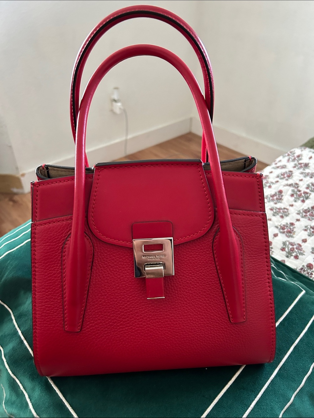 Michael Kors Red Leather Top-Handle Satchel with Silver Hardware